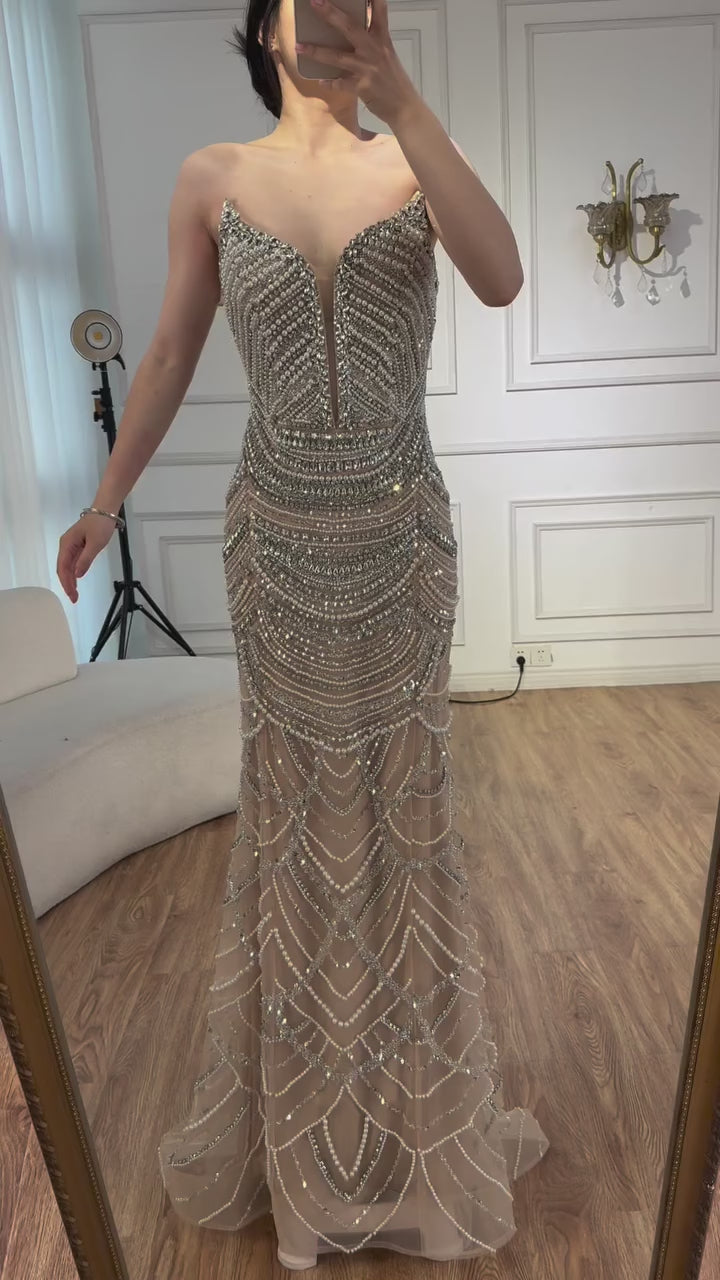Luxury Nude Silver Beaded Evening Gown with Crystals LA72900