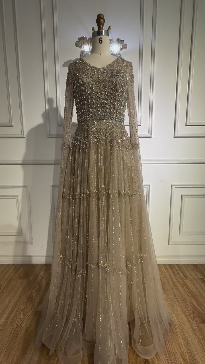 Elegant A-Line Beaded Evening Dress with Cape Sleeves LA73075