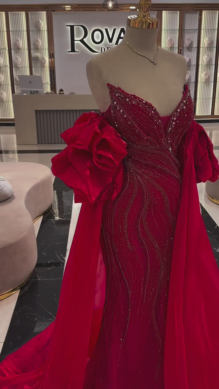 Luxury Red Strapless Mermaid Evening Dress with Cape LA72896