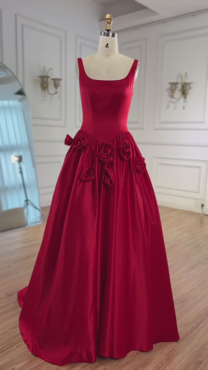 Red A Line Evening Dress 3D Flowers Sleeveless Backless Gown LA73035