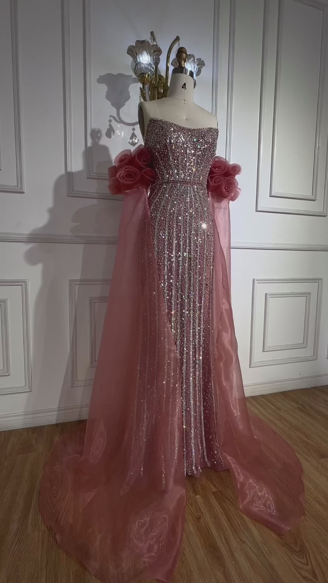 Luxury Pink Beaded Mermaid Evening Dress with Puff Sleeves LA72569