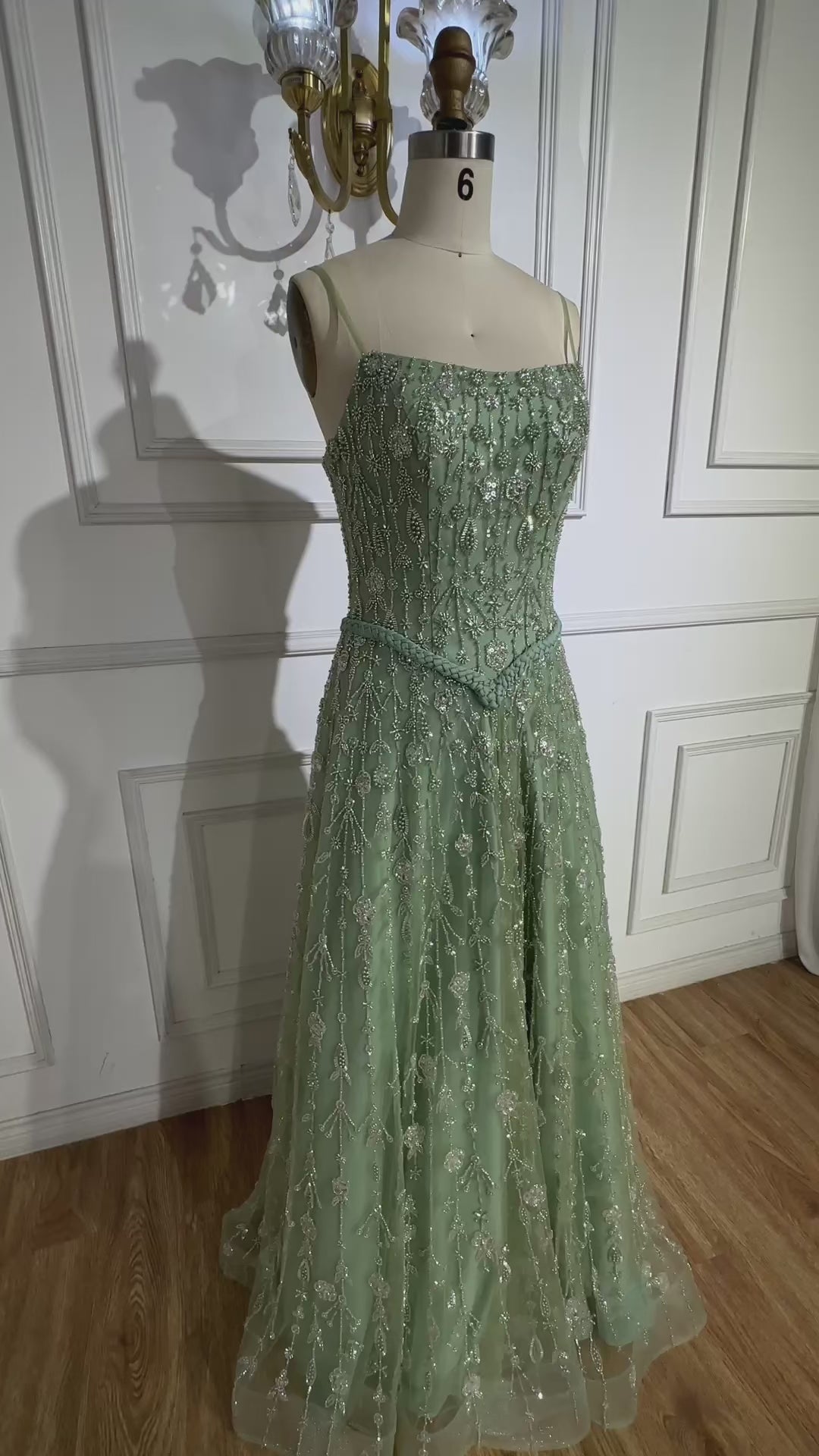Luxury Sage Green Beaded A-Line Spaghetti Strap Evening Dress LA72805