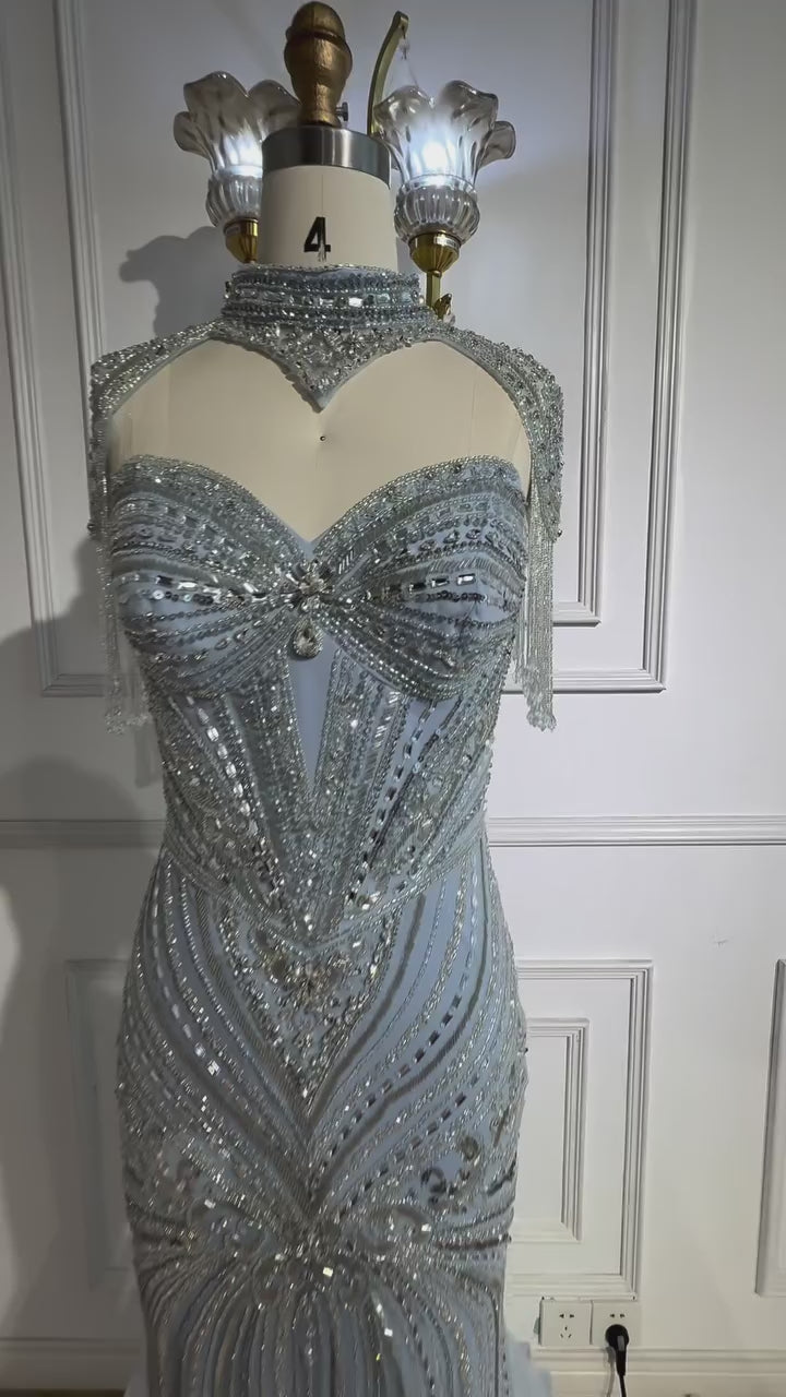 Luxury Nude Beaded High Neck Mermaid Evening Dress LA72897