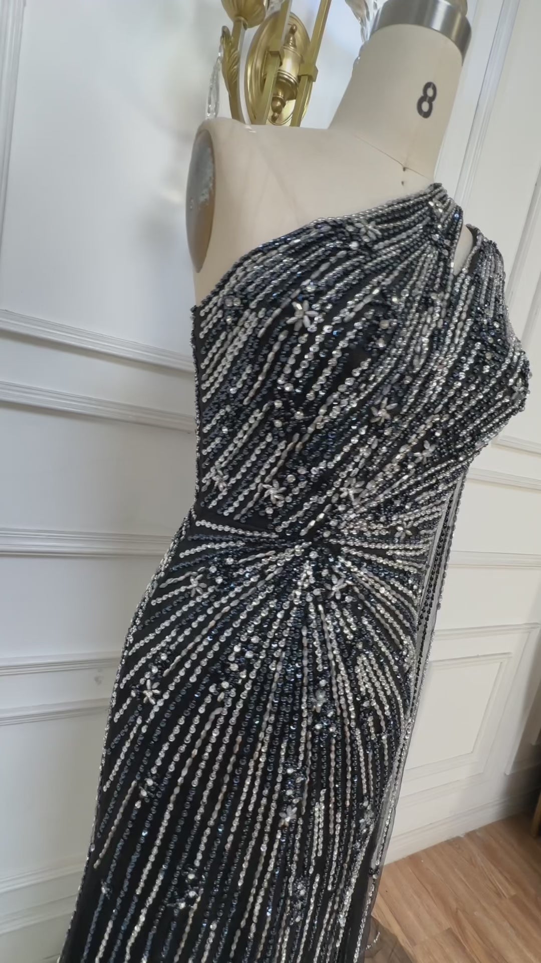 Luxury Black One Shoulder Mermaid Evening Dress with High Slit LA72829