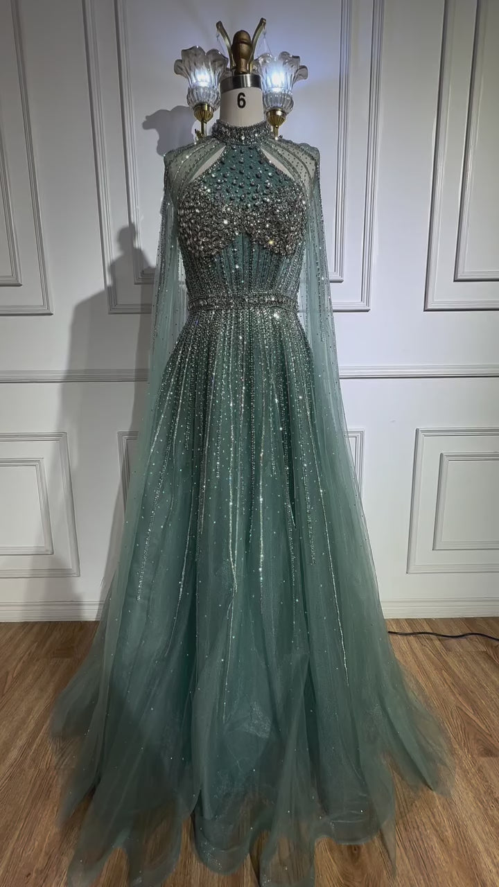 Luxury Beaded A-Line Evening Dress with Cape Sleeves LA73054