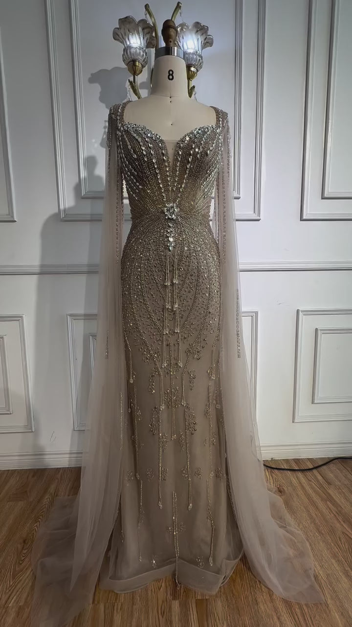 Luxury Designer Beige Beaded Evening Dress with Cape Sleeves LA72992