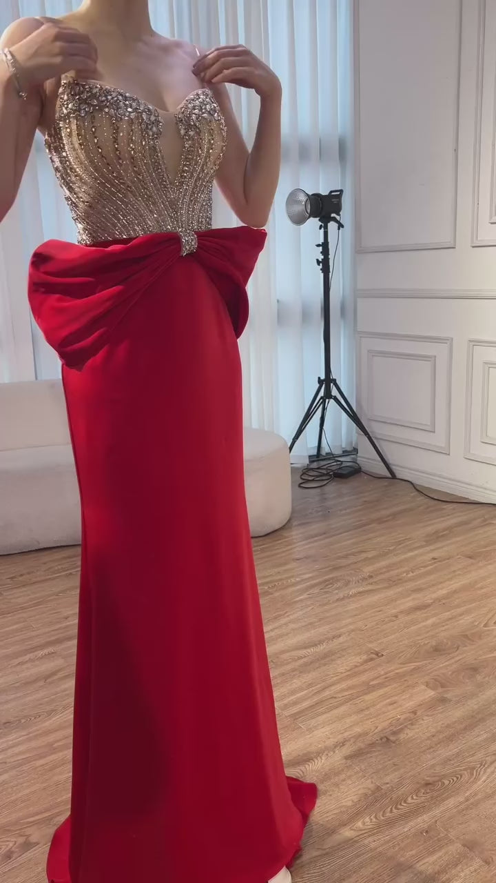 Designer Red Satin Evening Dress with Bow LA73060