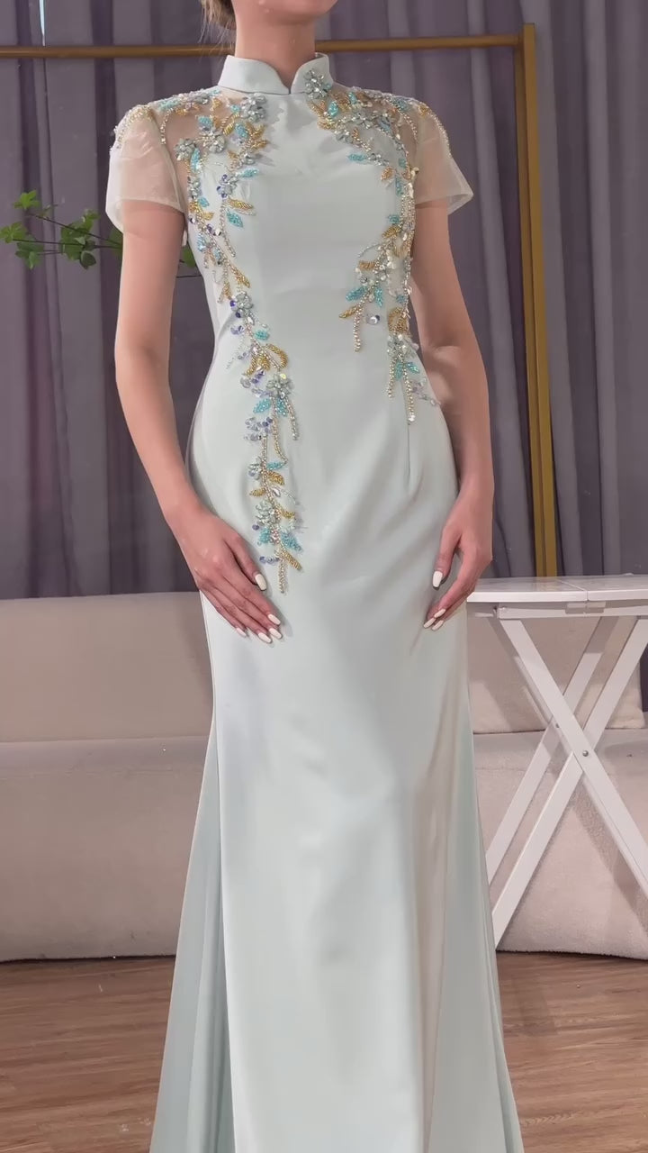 Luxury Mint Beaded Satin Mermaid Evening Dress with Corset LA72797