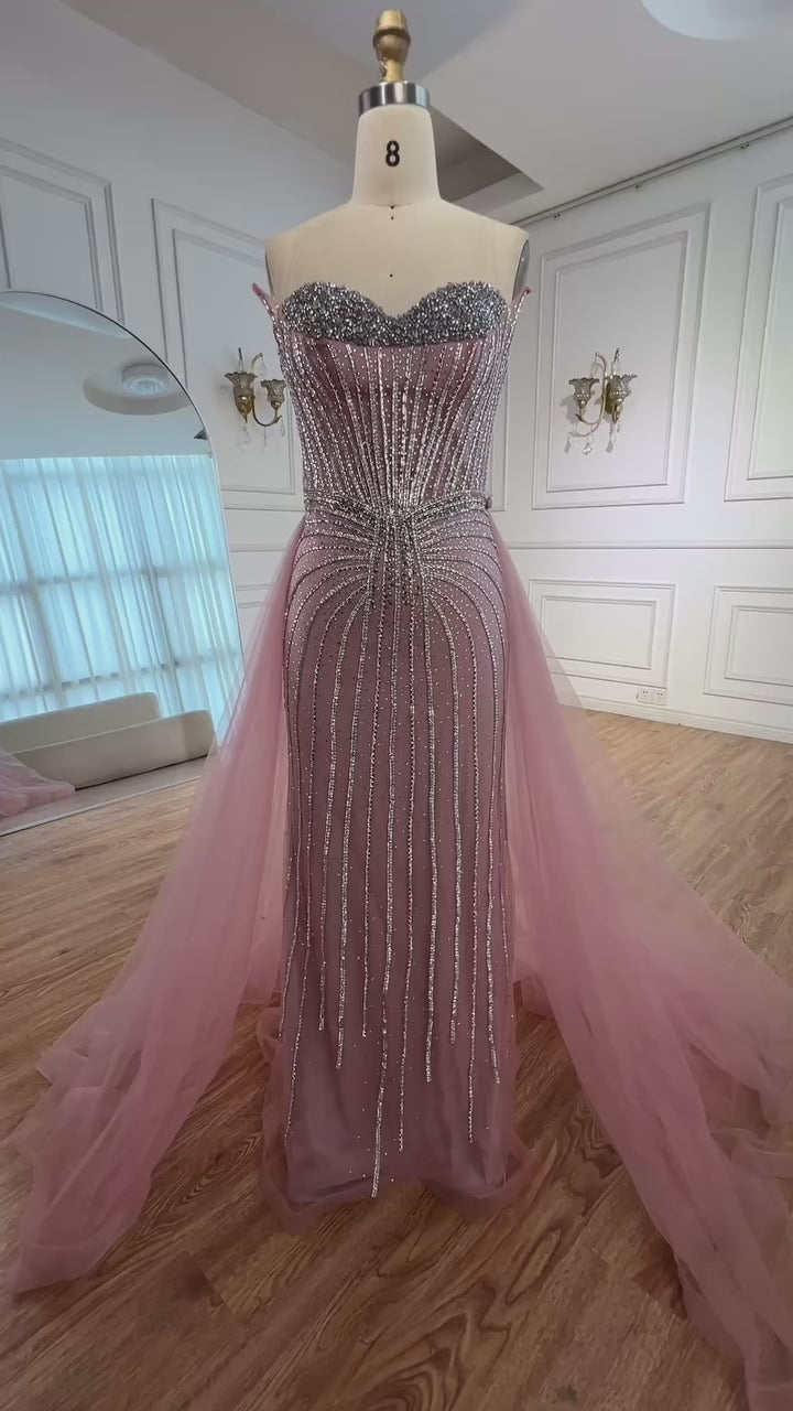 Strapless Pink Pearls Beaded Arabic Mermaid Evening Dress with Overskirt LA72811B