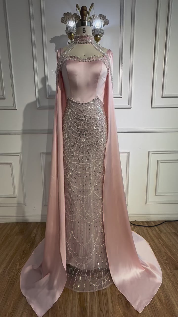 Luxury Arabic Pearls Pink Evening Dress with Cape LA73051