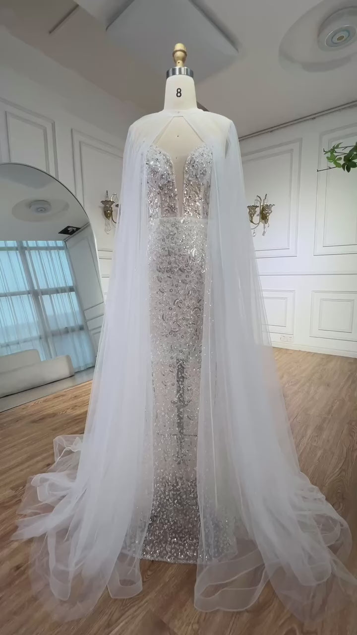 Luxury White Sequin Mermaid Evening Dress with Cape LA72996