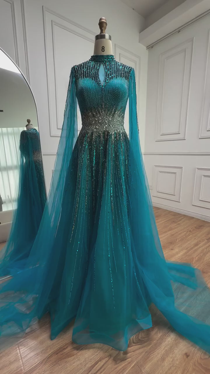 Luxury Modest Blue Beaded Evening Dress with Cape LA73059