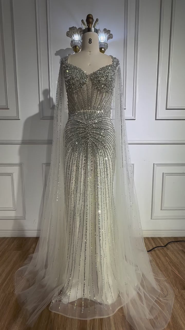 Luxury Nude Beaded Evening Dress with Cape Sleeves LA72575C