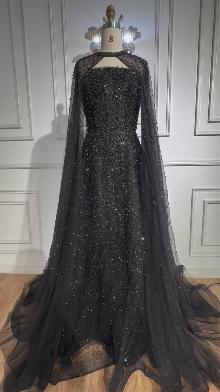 Luxury Arabic Blue A-Line Evening Dress with Cape Sleeves Plus Size LA72659