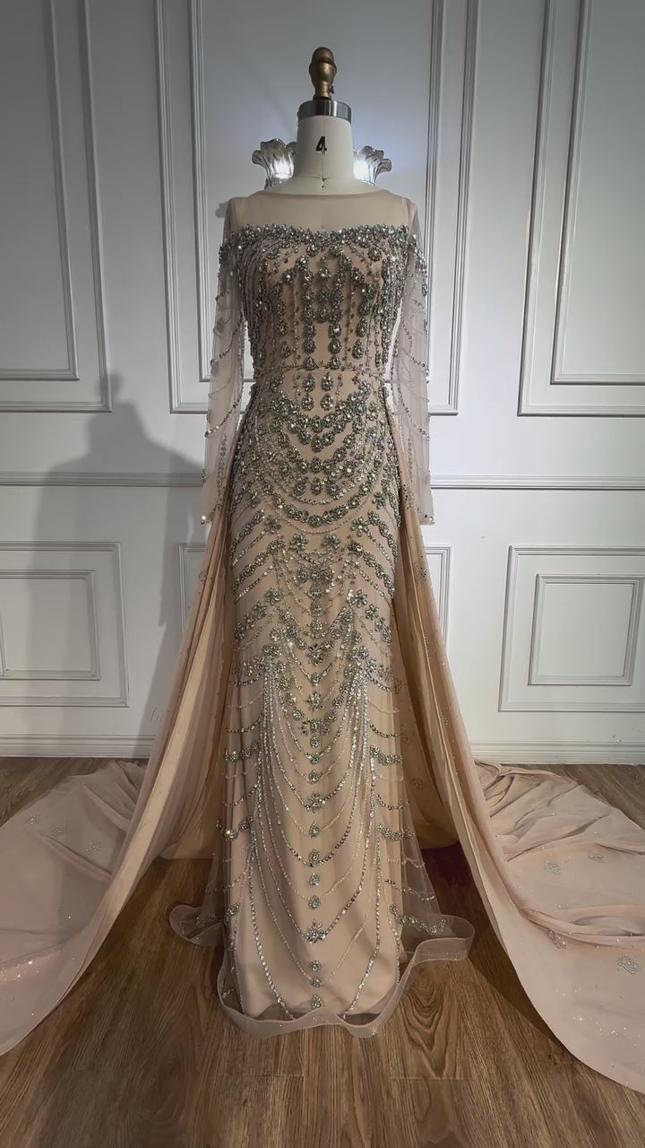 Luxury Off Shoulder Beaded Evening Dress with Long Sleeves and Train LA72930