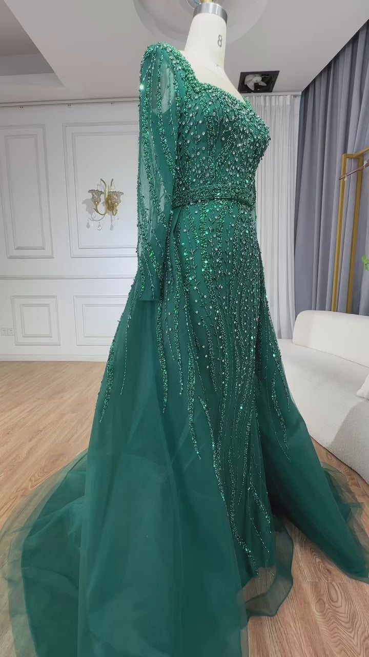 Modest Green Mermaid Evening Dress with Overskirt LA72710