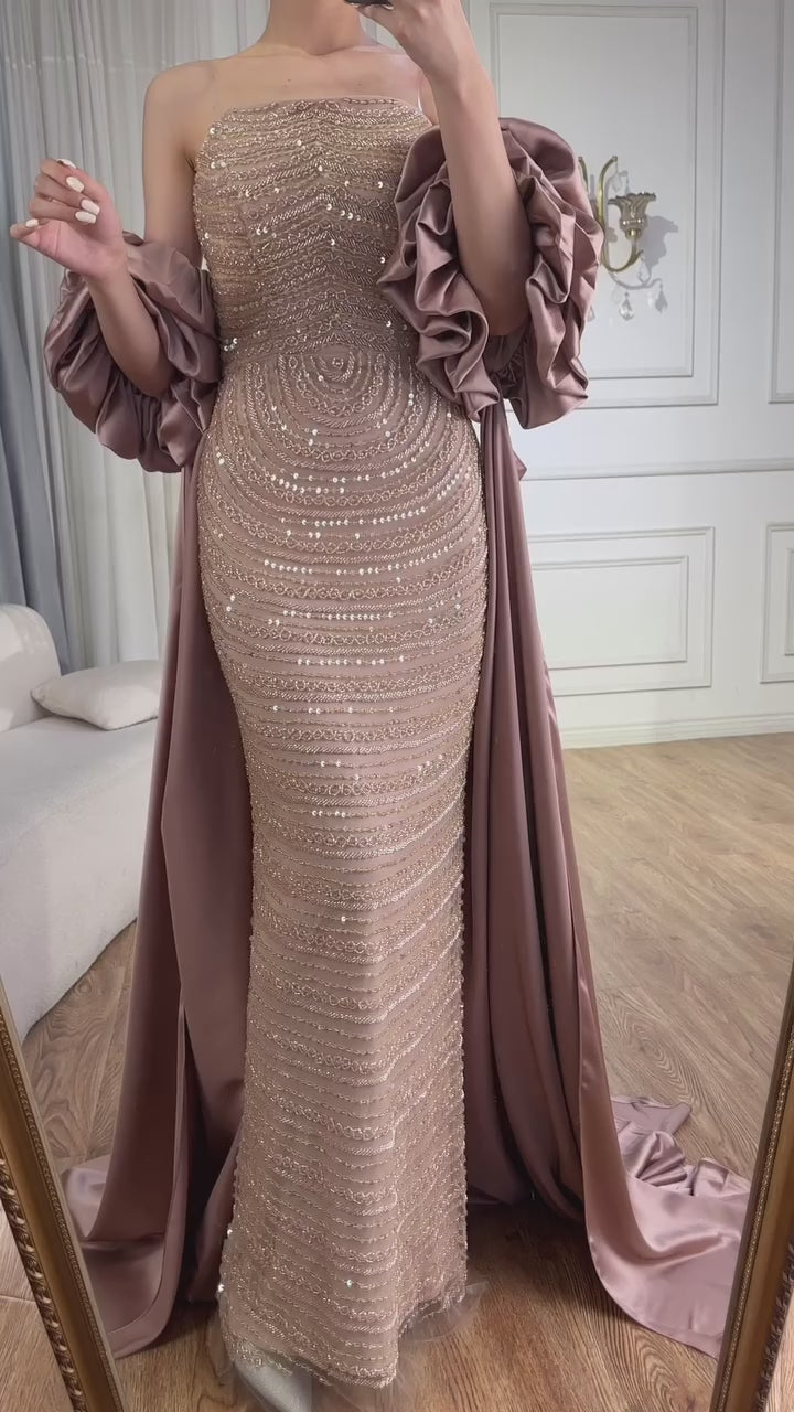 Luxury Arabic Dusty Rose Evening Dresses with Cape LA72543