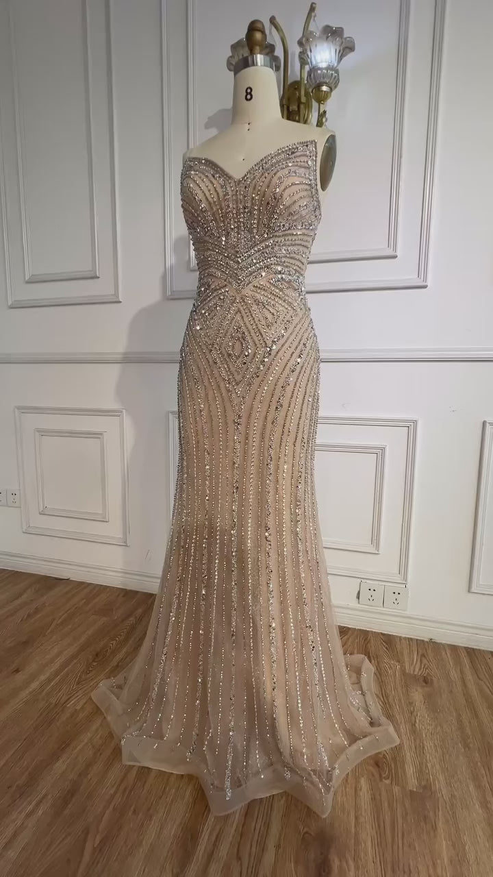 Luxury Nude V Neck Beaded Mermaid Evening Dress Sleeveless LA72981