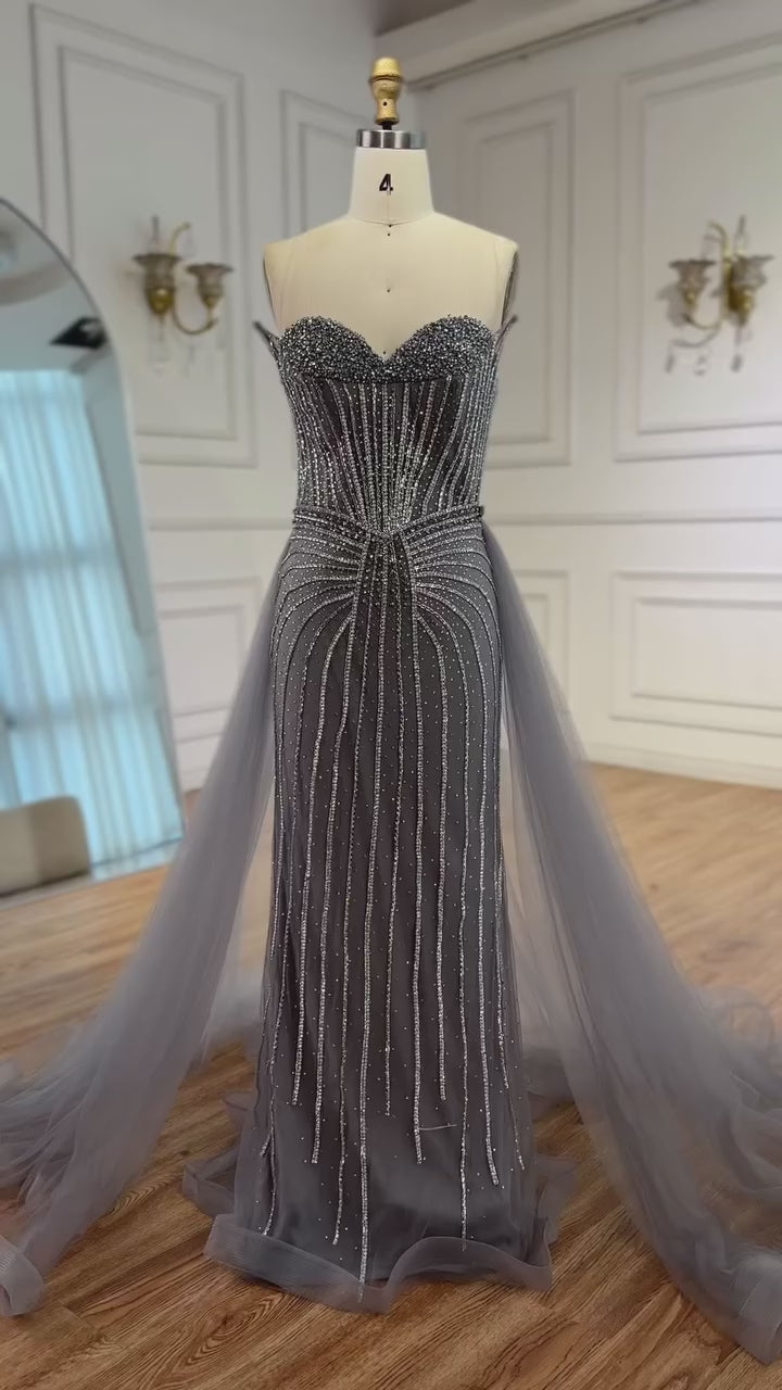 Strapless Pink Pearls Beaded Arabic Mermaid Evening Dress with Overskirt LA72811B