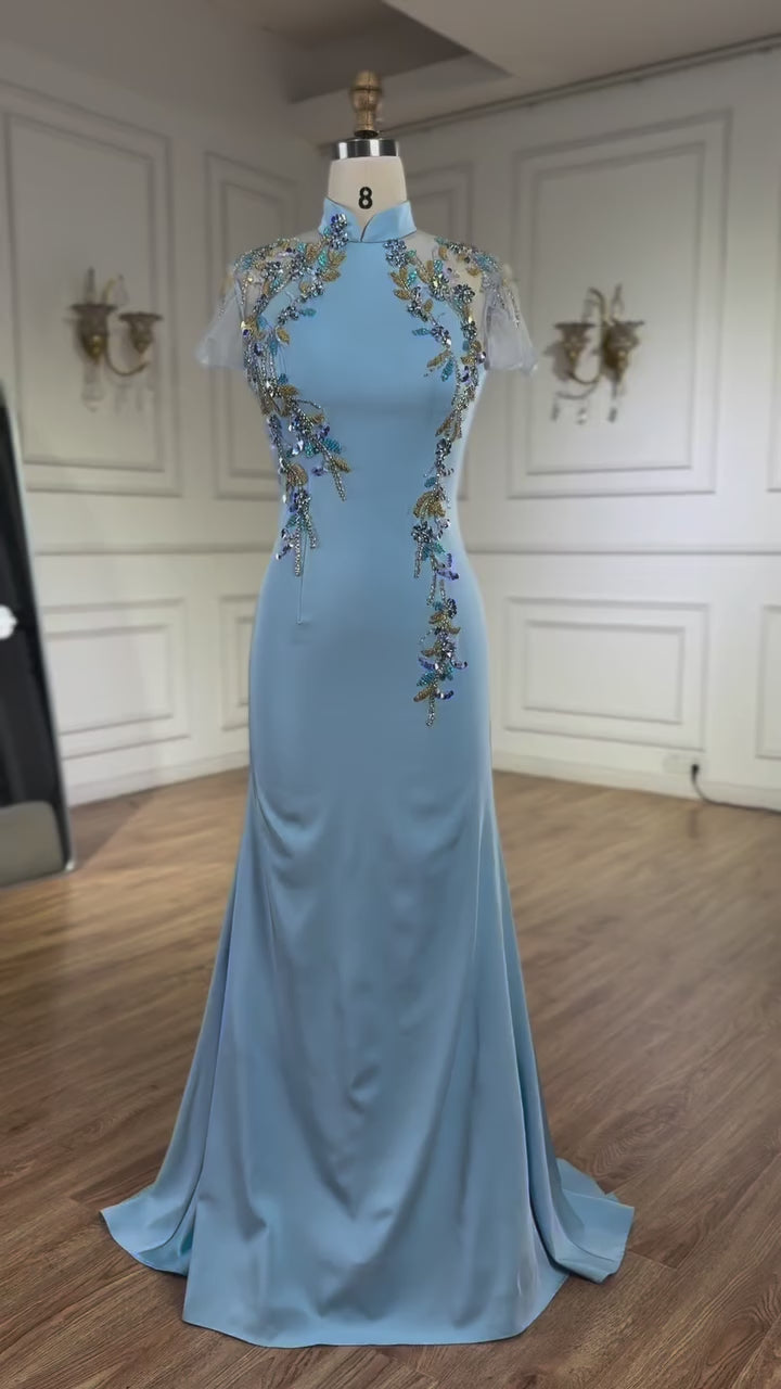 Luxury Mint Beaded Satin Mermaid Evening Dress with Corset LA72797