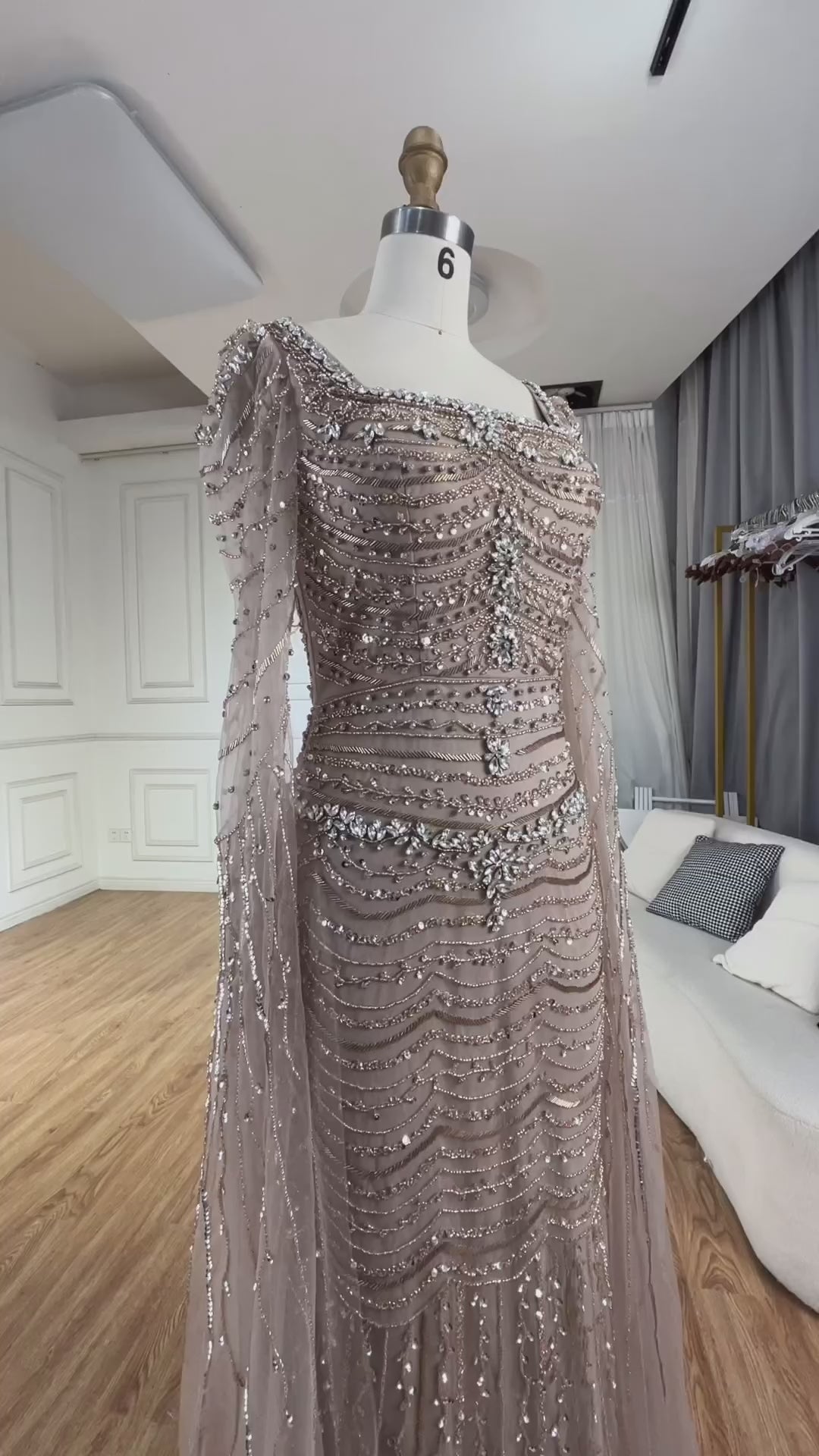Luxury Beaded Caramel Evening Dress with Cape Sleeve LA72604