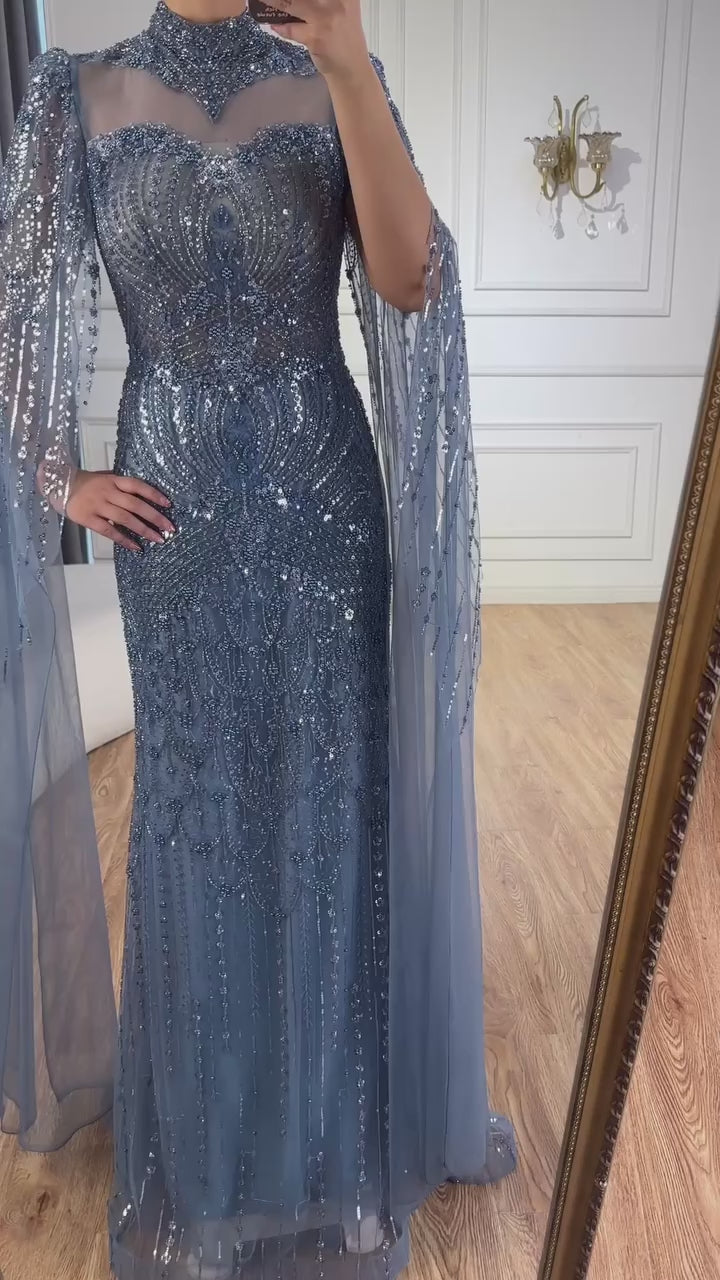 Modest Blue Mermaid Evening Dress with Cape LA73006
