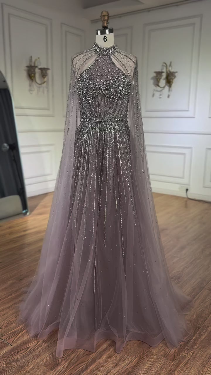 Luxury Beaded A-Line Evening Dress with Cape Sleeves LA73054