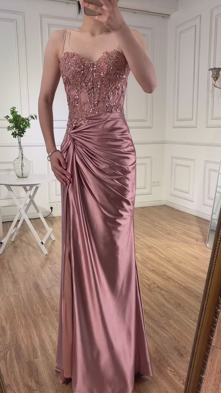 Luxury Sage Green Satin Prom Dress with Slit LA73032