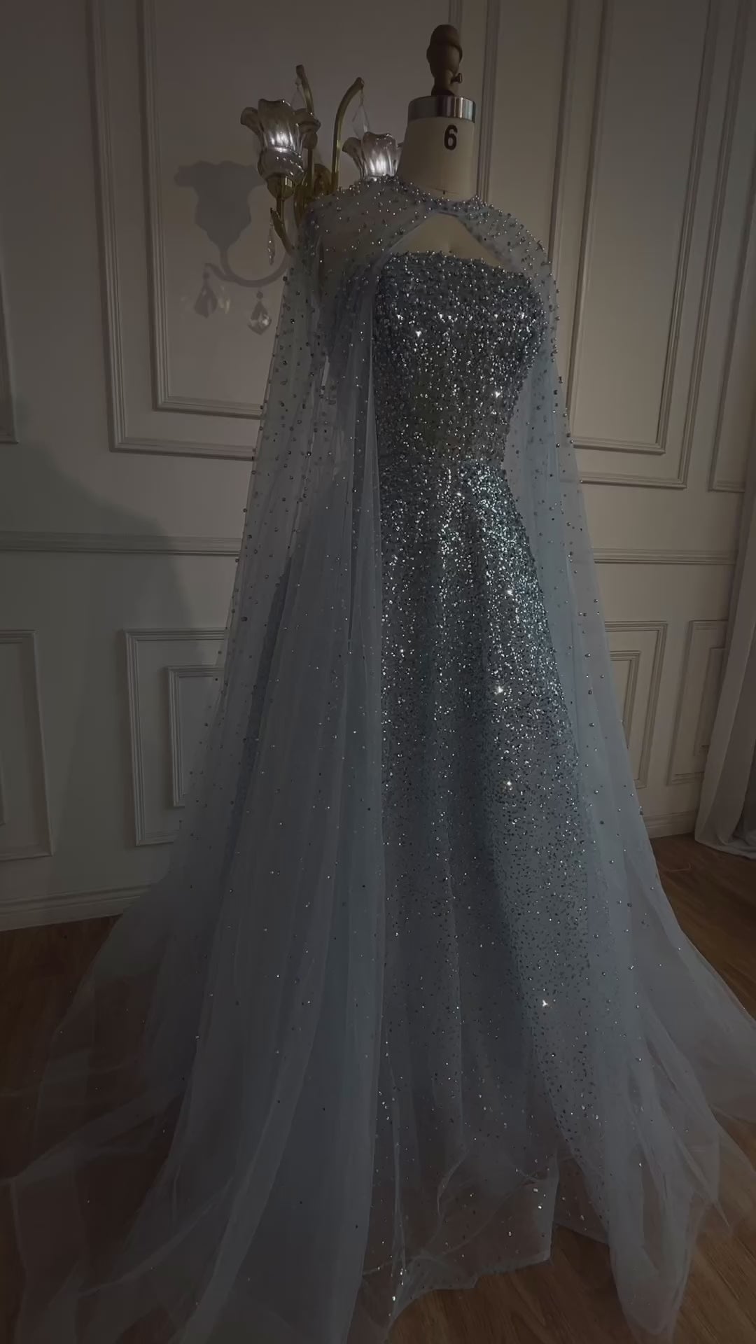 Luxury Arabic Blue A-Line Evening Dress with Cape Sleeves Plus Size LA72659