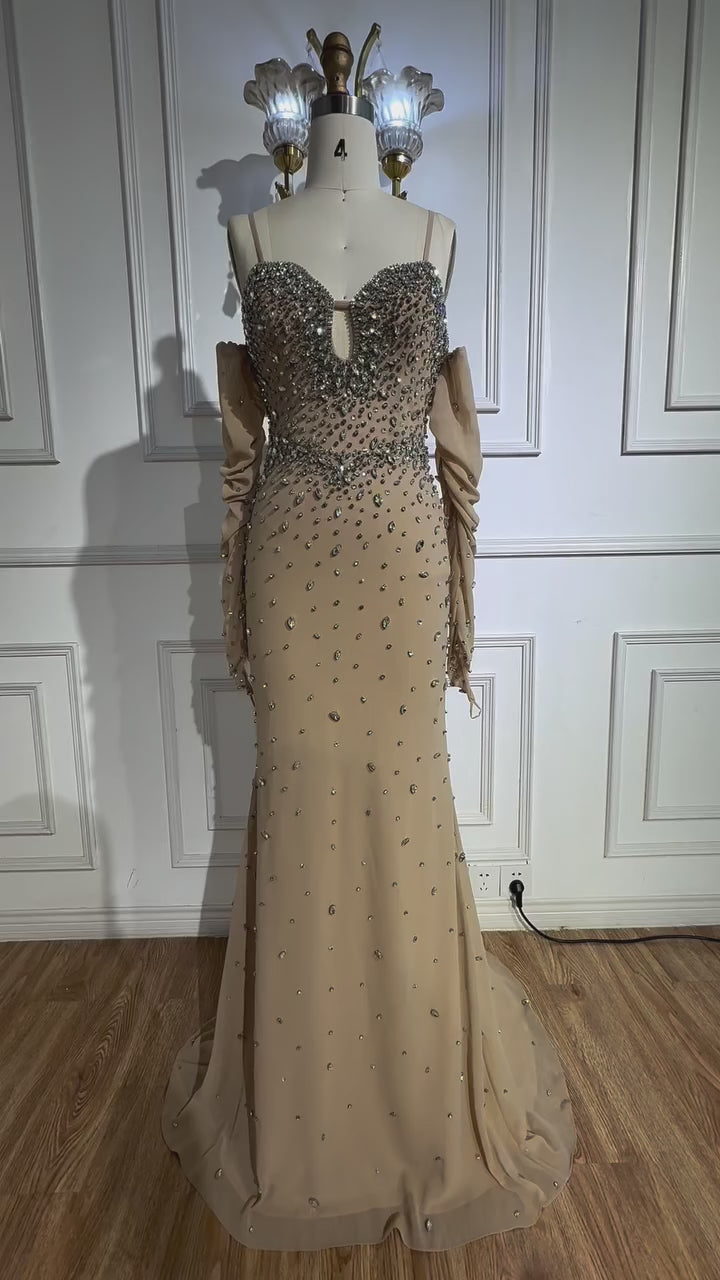 Luxury Nude Beaded Dress with Detachable Sleeves LA73065