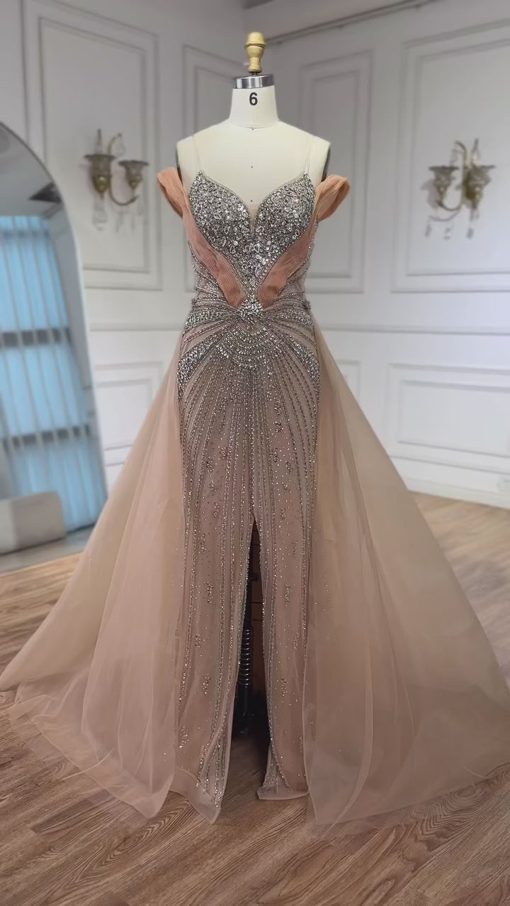 Luxury Nude Beaded Mermaid Evening Dress with Overskirt and Slit LA73034