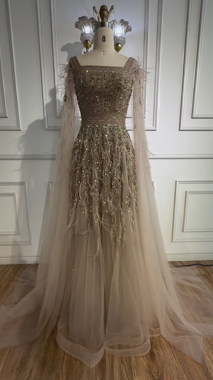 Elegant Blue Beaded Feather A-Line Evening Dress With Cape LA73043