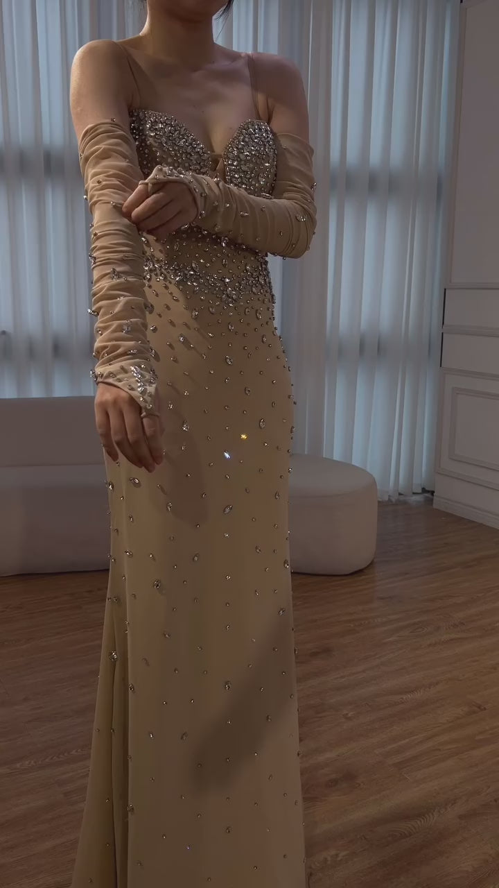 Luxury Nude Beaded Dress with Detachable Sleeves LA73065