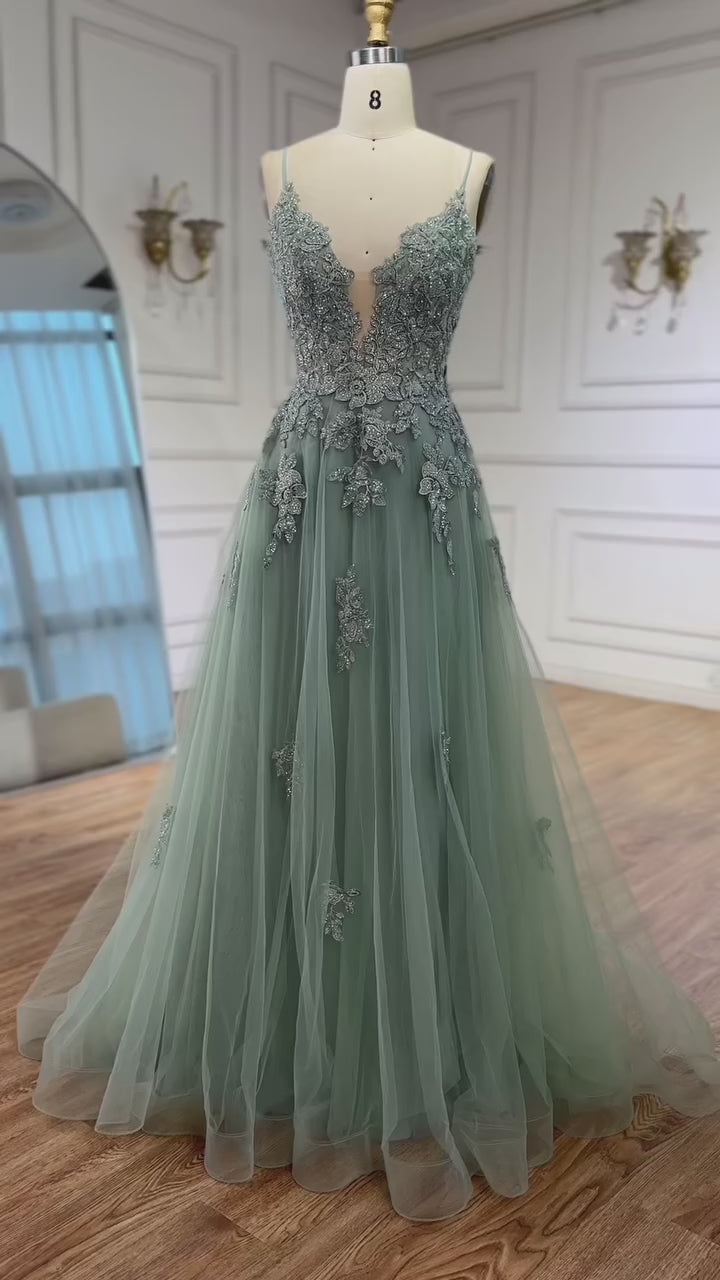 Luxury Sage Green Lace A-Line Prom Dress with Spaghetti Straps LA73005