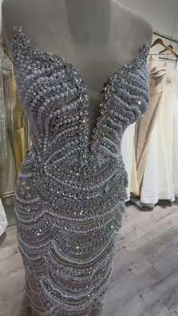 Luxury Nude Silver Beaded Evening Gown with Crystals LA72900