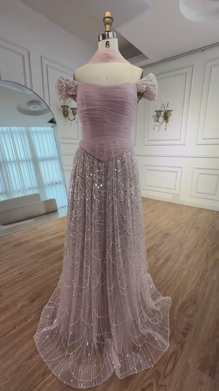 Luxury Arabic Pink Pearls Beaded Evening Dress With Cape LA72922
