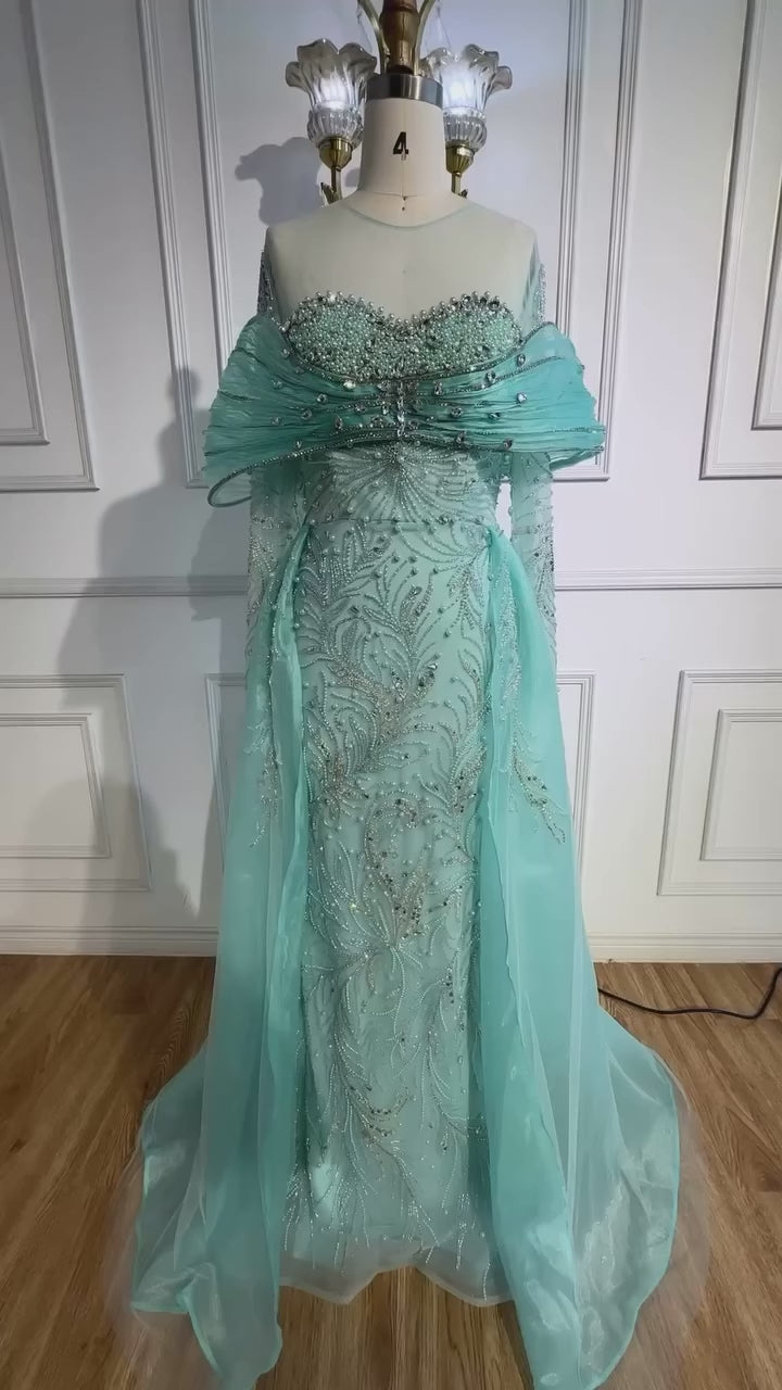 Luxury Blue Designer Evening Dress with Long Sleeves Overskirt LA72841