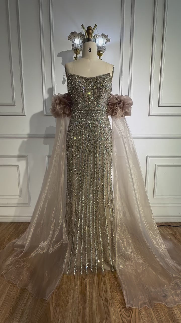 Luxury Pink Beaded Mermaid Evening Dress with Puff Sleeves LA72569