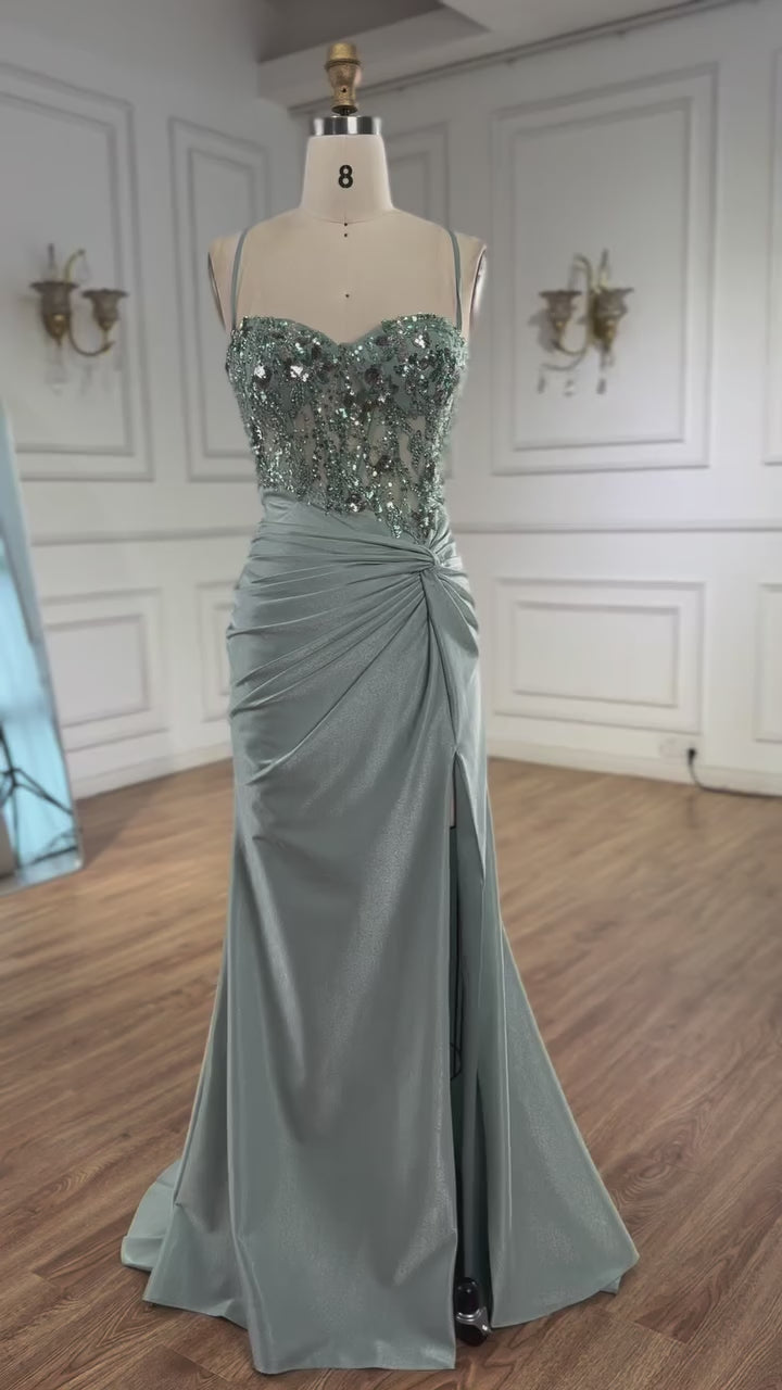 Classy Light Green Satin Prom Dress with Lace and Slit LA73032A