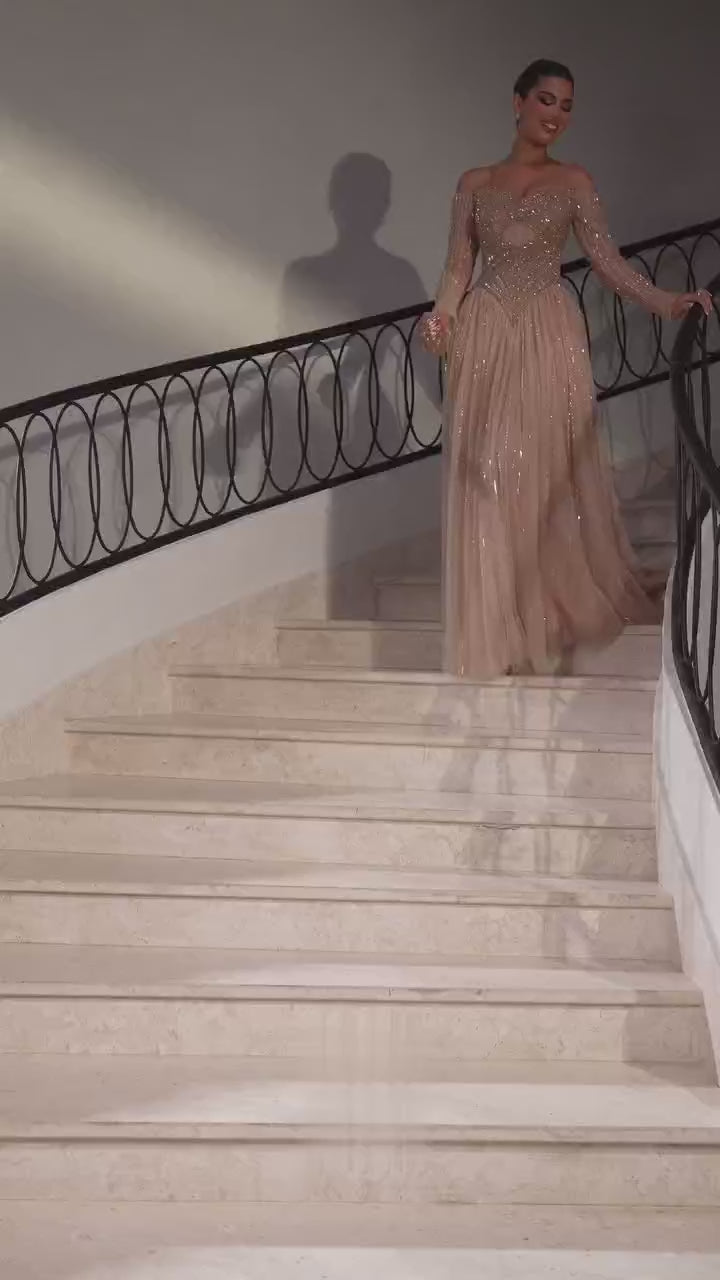 Luxury Nude Off Shoulder A-Line Beaded Evening Dress LA73038