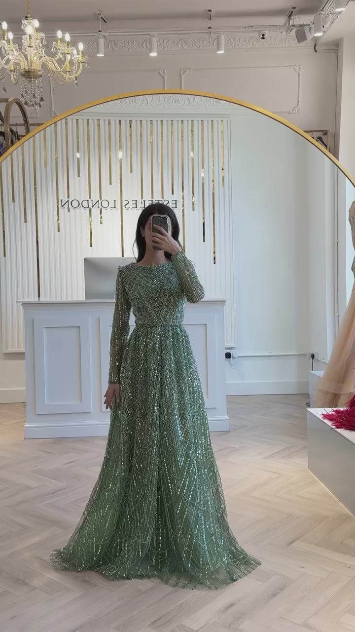Luxury Olive Green Beaded A-Line Modest Evening Dress LA72738B