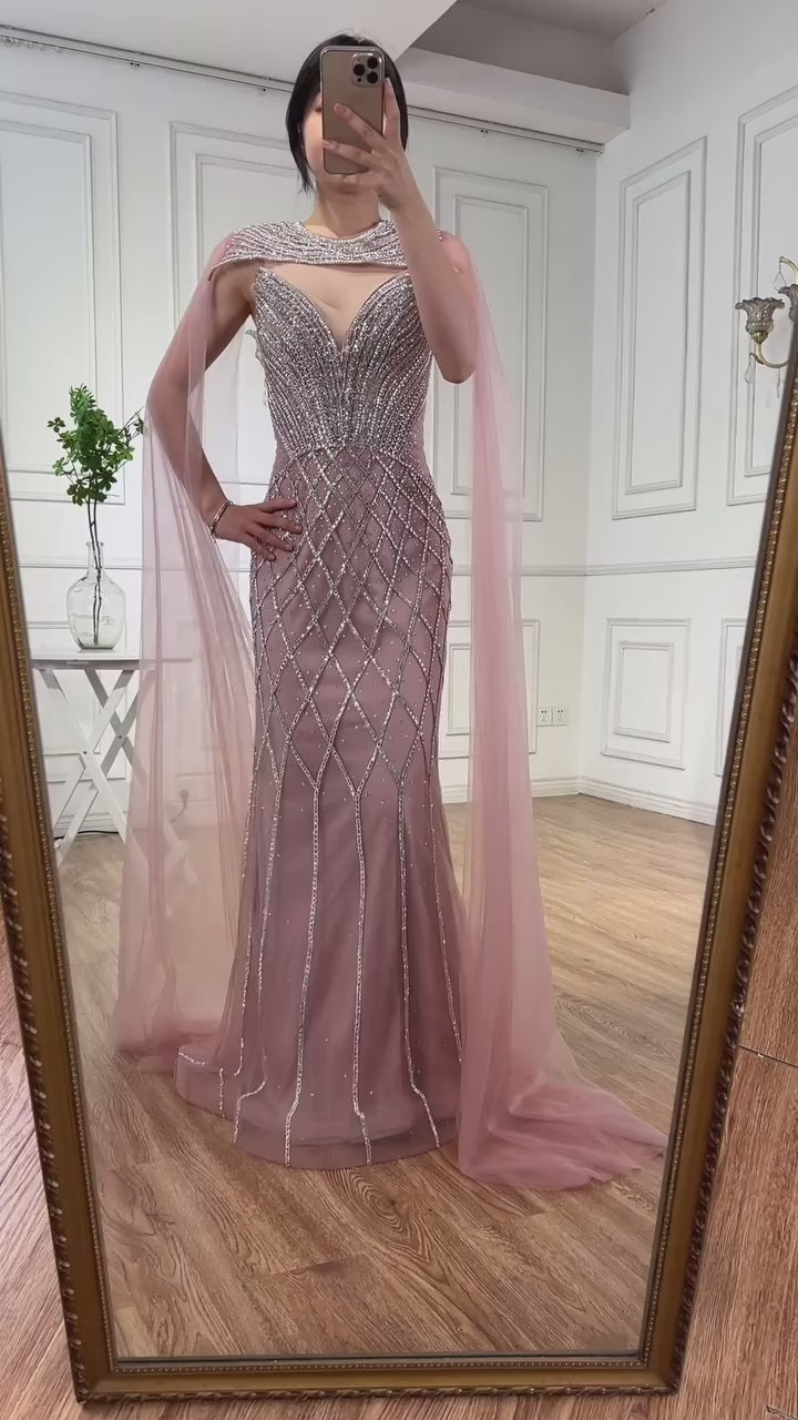 Luxury Nude Beaded Mermaid Evening Dress with Cape LA72814