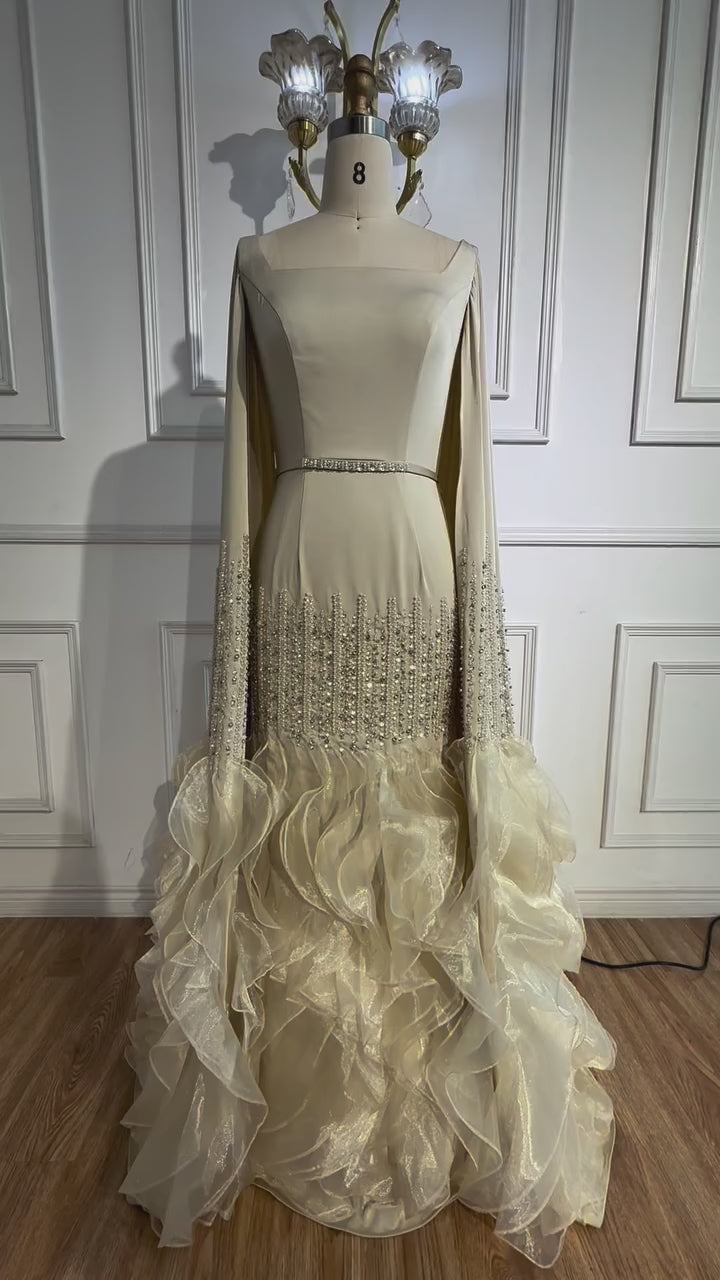 Elegant Nude Beaded Evening Dress with Cape Sleeves LA72317C