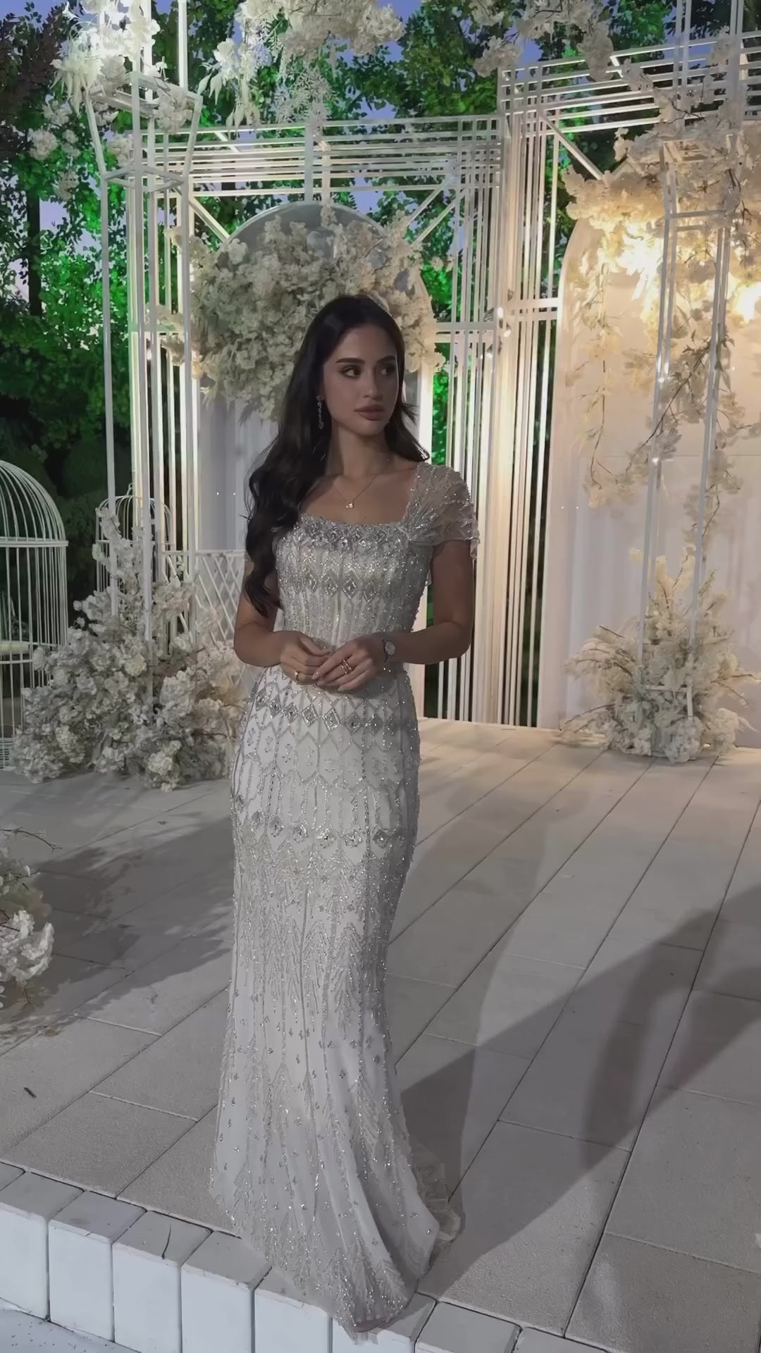 Luxury White Mermaid Beaded Evening Dress with Short Sleeves LA72714