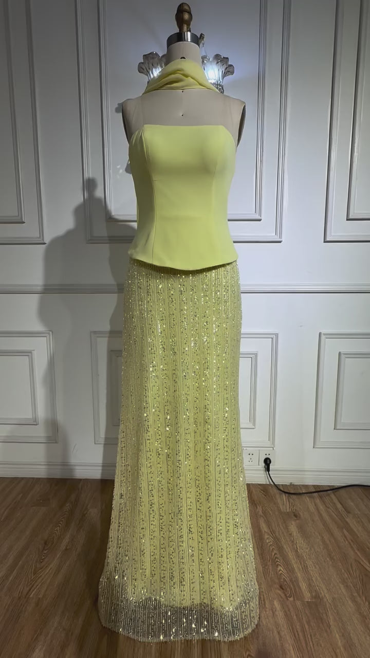 Luxury Yellow Chiffon Mermaid Evening Dress with Cape LA73007