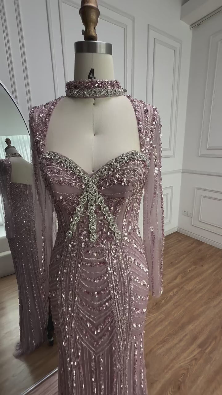 Caramel Beaded Mermaid Evening Dress with Long Sleeves LA72560B