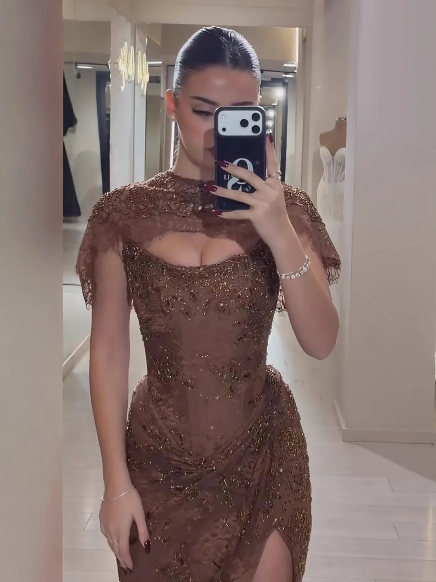 Luxury Brown Beaded Mermaid Gown with Cape LA73370