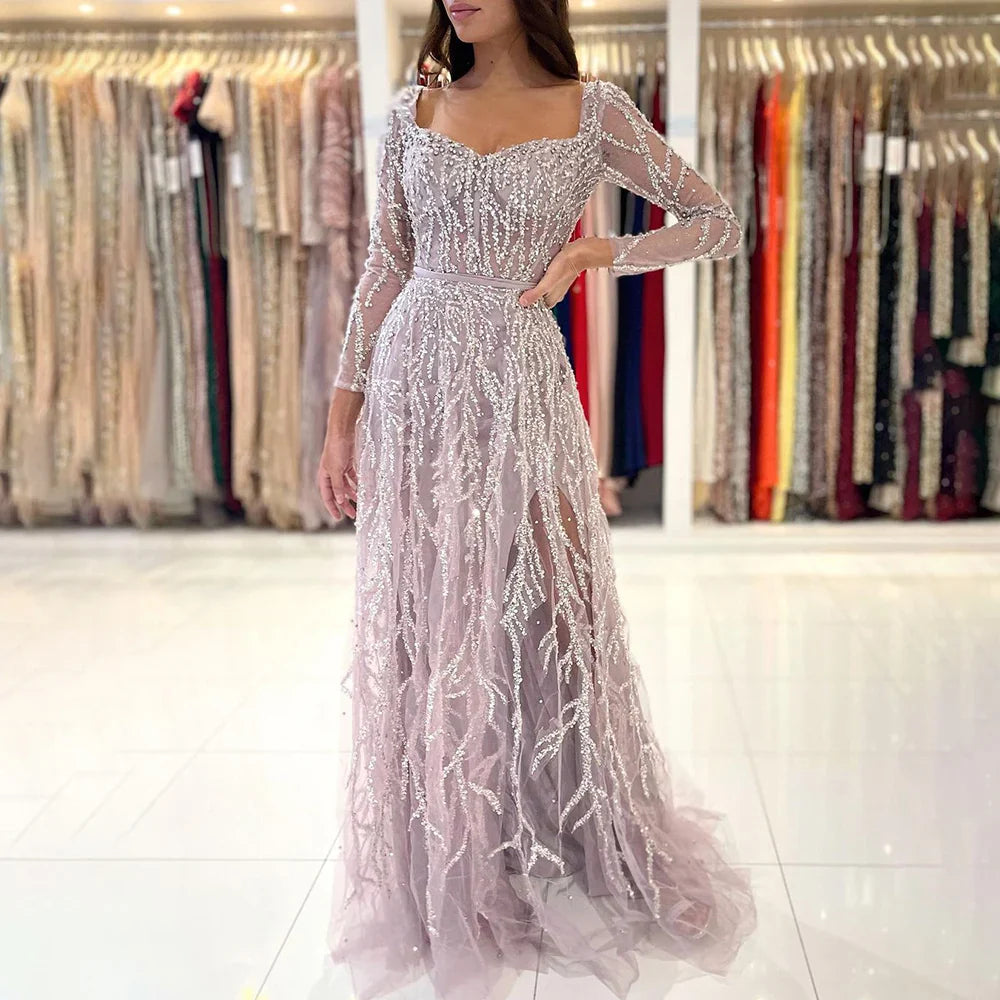 Arabic Pink High Split Beaded Luxury Dubai Long Evening Dresses Gowns For Women Wedding Party LA71917