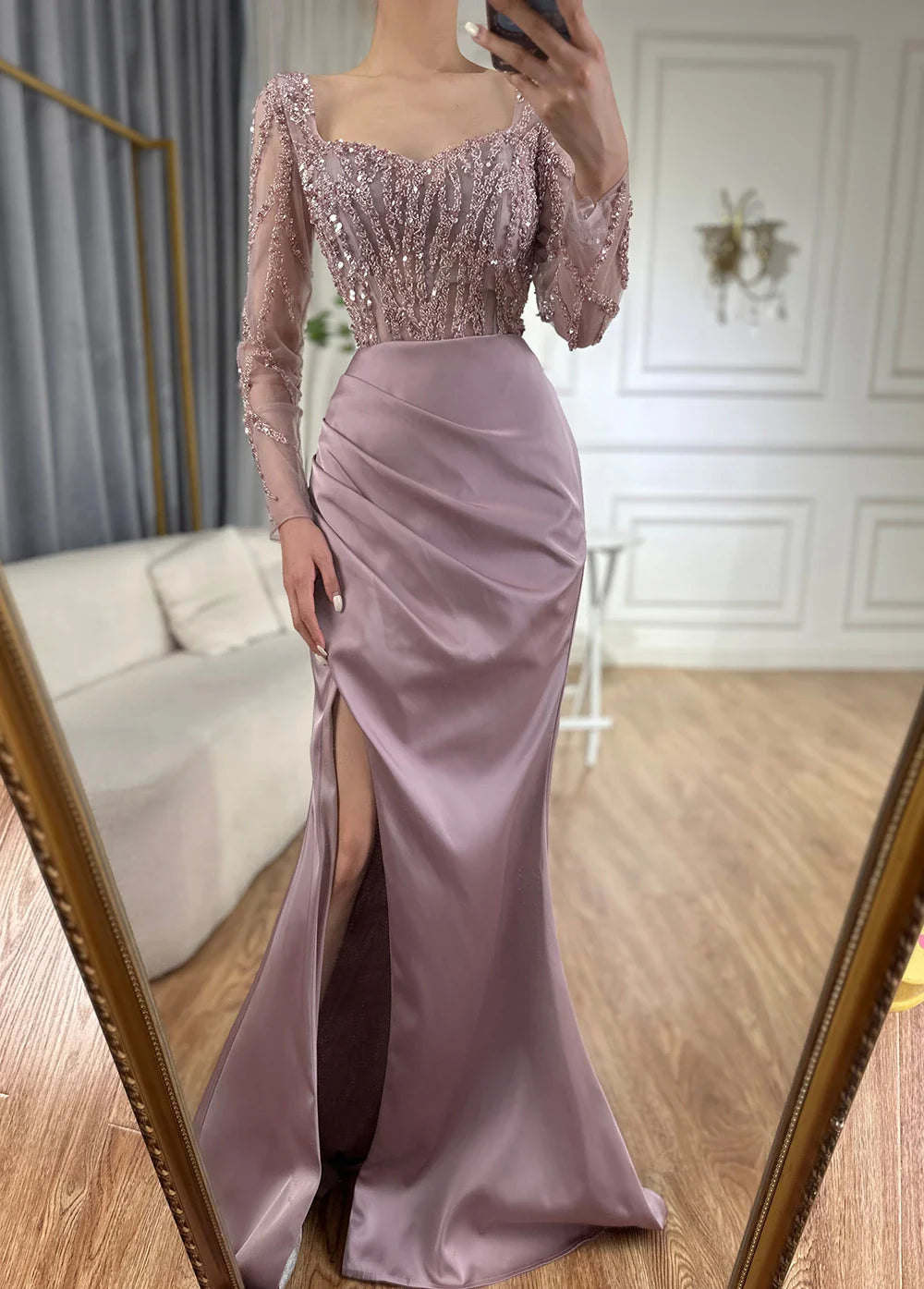 Arabic Pink High Split Beaded Luxury Dubai Long Evening Dresses Gowns For Women Wedding Party LA71917