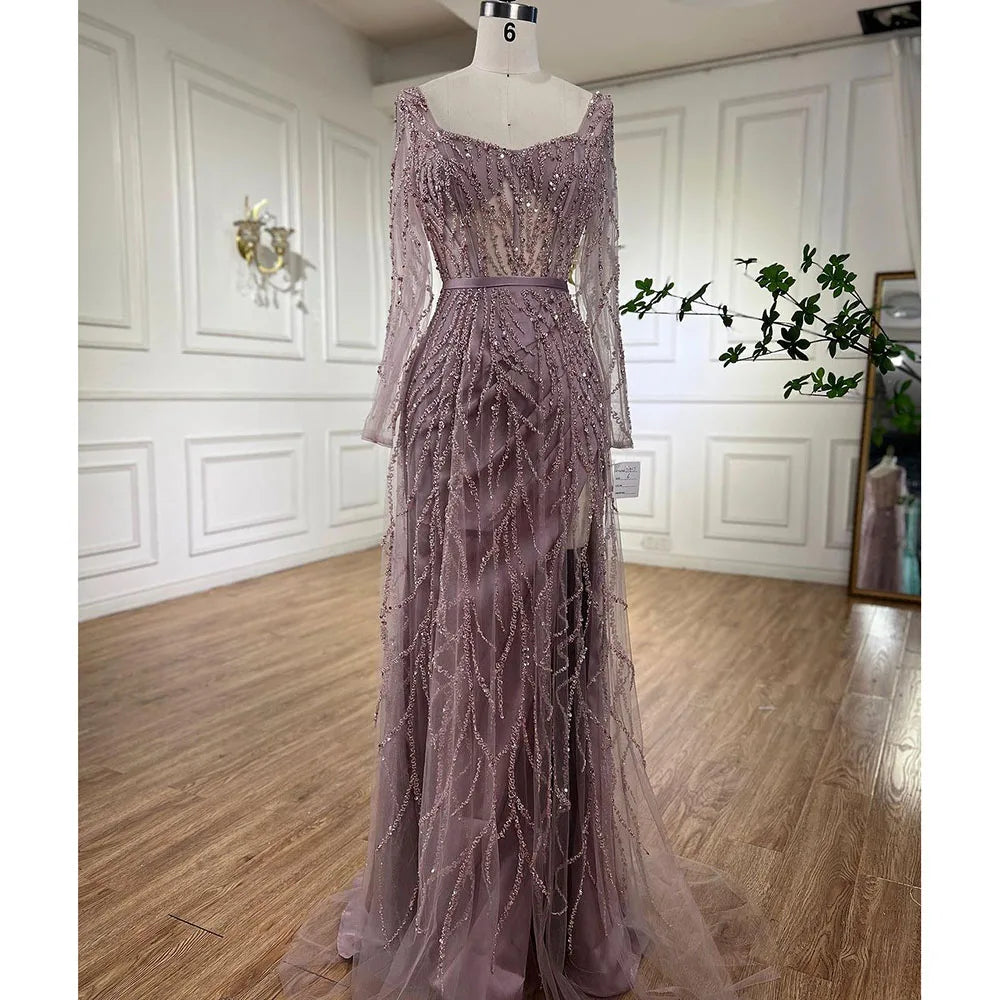 Arabic Pink High Split Beaded Luxury Dubai Long Evening Dresses Gowns For Women Wedding Party LA71917